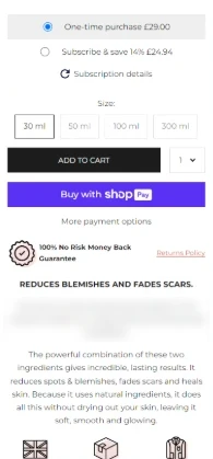 Página de control del test, con los detalles de la tienda difuminados